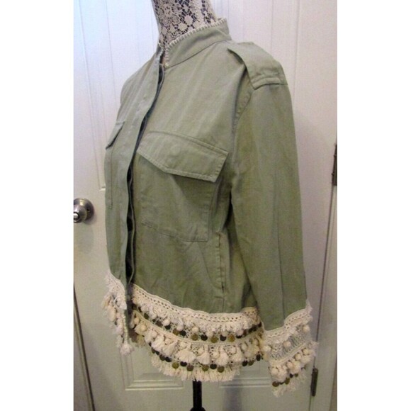 Zara Utility Jacket Tassel Pom Crochet Fringe Boho Coins Green Womens Size M - Picture 4 of 10